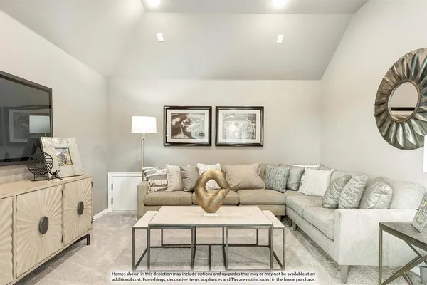 a living room with furniture and a dining table with wooden floor