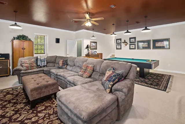 a living room with furniture and a rug