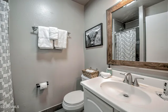 a bathroom with a sink mirror and toilet