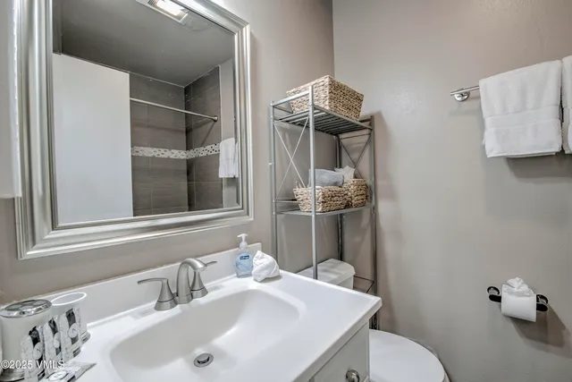 a bathroom with a sink toilet and mirror