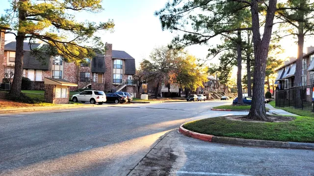 a view of a street with potted plants