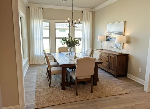 a dining room with furniture window and wooden floor