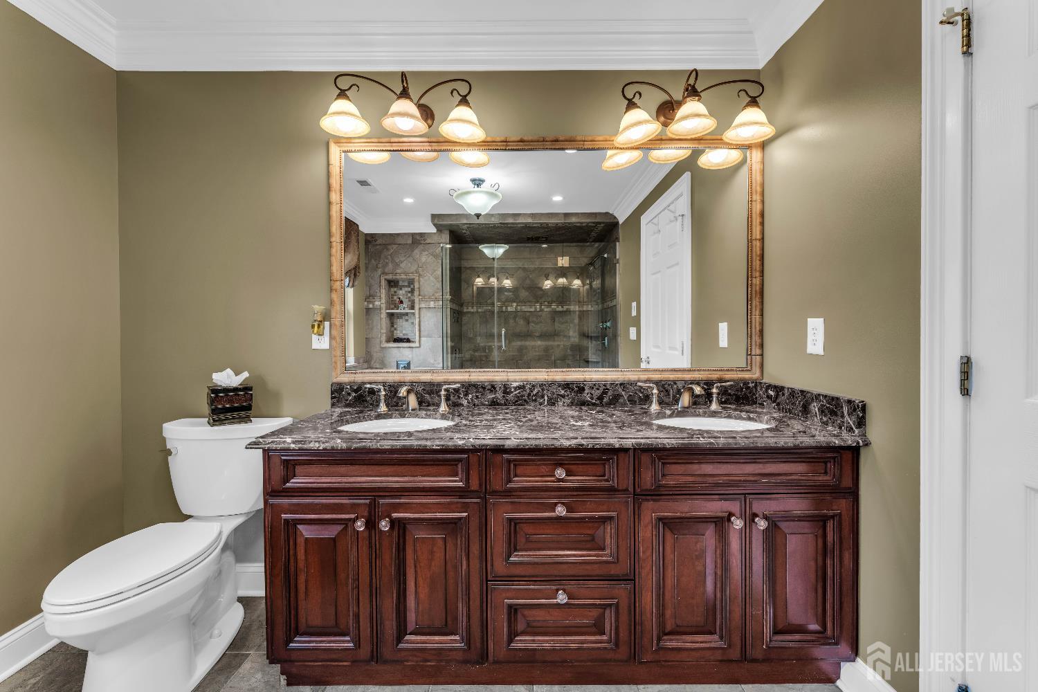 26 Cannon Road Old Bridge, NJ 08857 - Photo 32 of 39 a bathroom with a granite countertop toilet a sink and a mirror