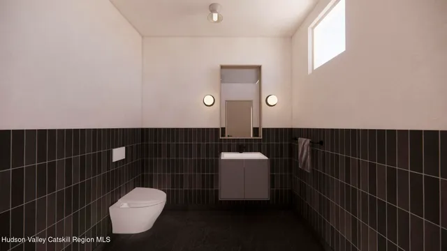 a bathroom with a toilet a sink and mirror