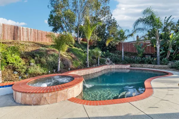 a view of a swimming pool with a yard