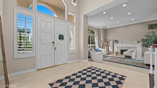 a living room with a fireplace