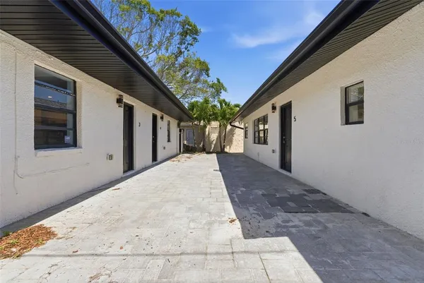 a porch with seating space