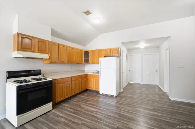 a kitchen with a stove a sink and a refrigerator