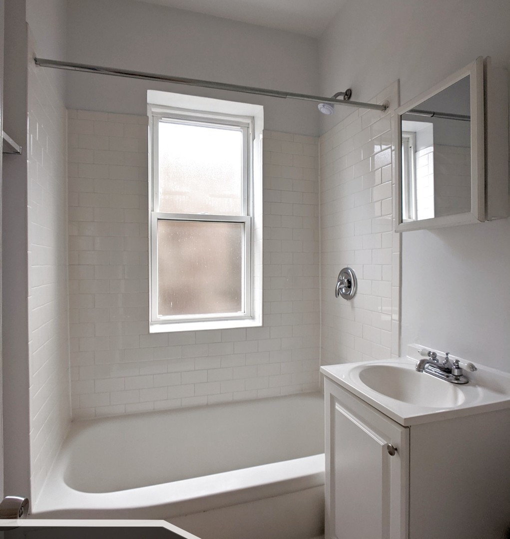 2919 West George Street, Unit 2 Chicago, IL 60618 - Photo 14 of 14 a bathroom with a tub sink vanity and a mirror