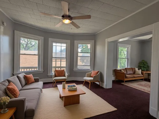 a living room with furniture rug and window
