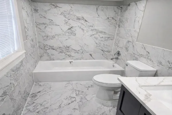 a bath room with a toilet and a bath tub