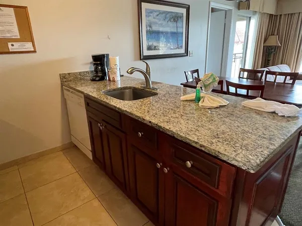 a kitchen with a sink a counter top space and cabinets