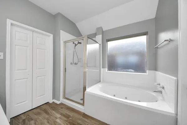 a bathroom with a bathtub and a shower