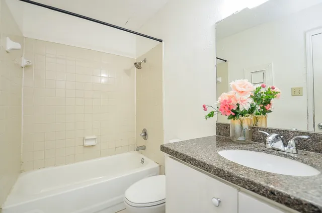 a bathroom with a granite countertop sink a toilet a mirror and shower
