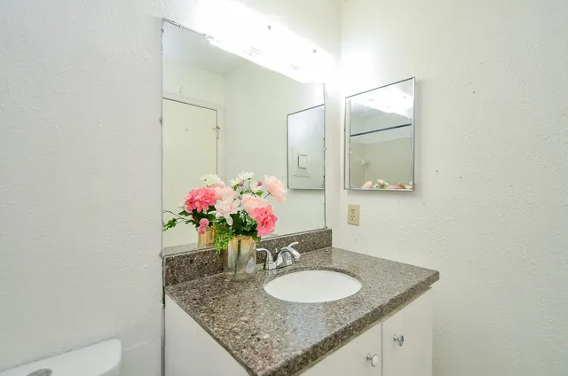 a bathroom with a granite countertop sink a large mirror and a toilet