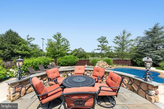 a backyard of a house with table and chairs