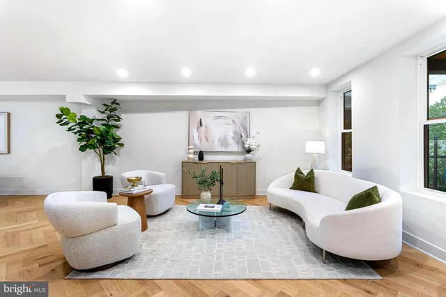 a living room with furniture and a potted plant