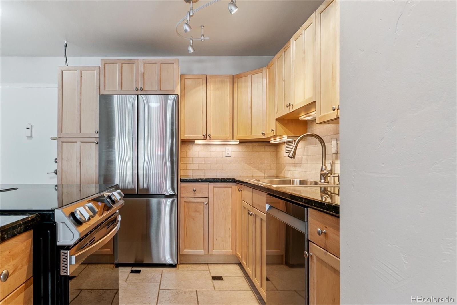 1121 Albion Street, Unit 207 Denver, CO 80220 - Photo 12 of 39 a kitchen with stainless steel appliances granite countertop a sink a stove and refrigerator