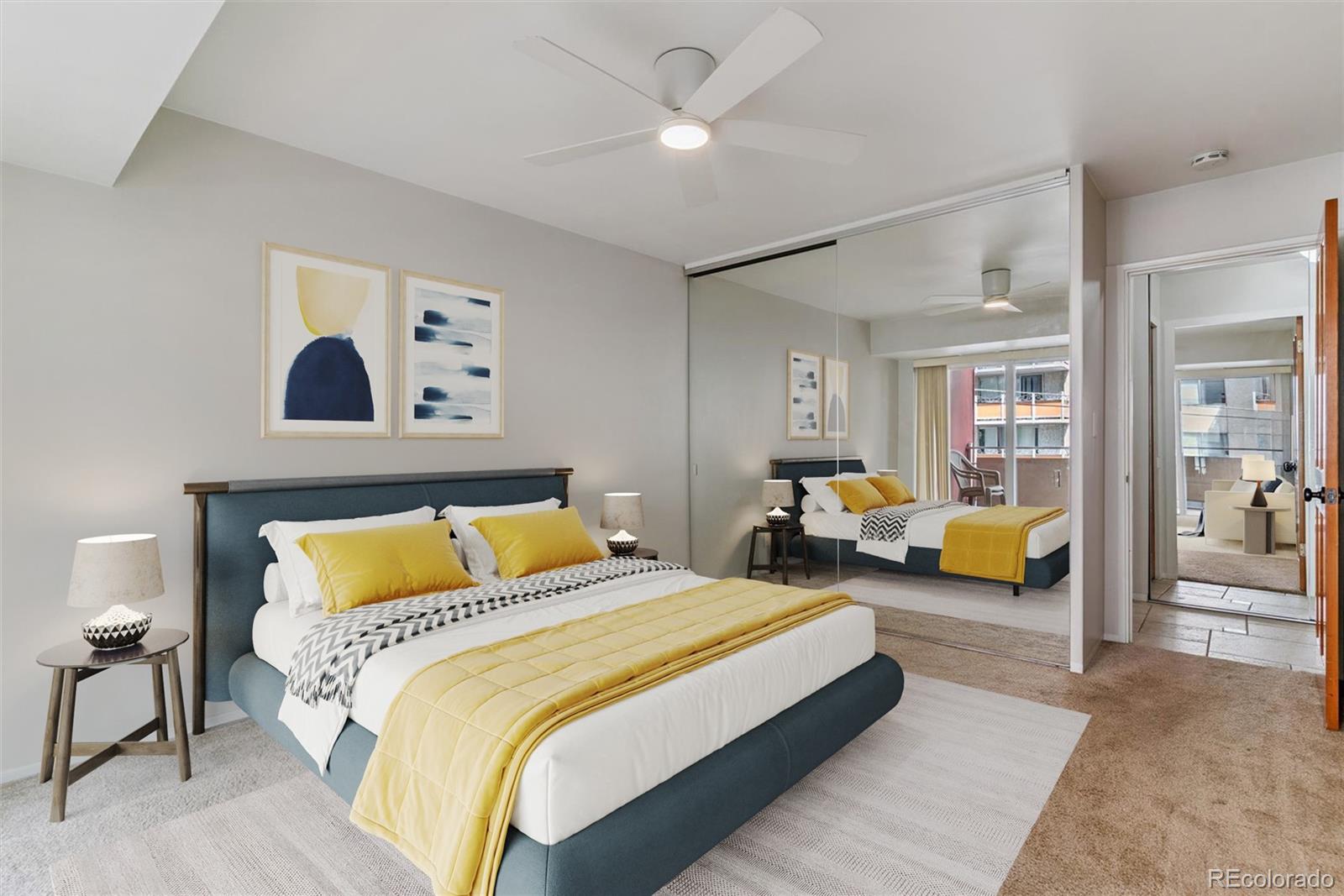 1121 Albion Street, Unit 207 Denver, CO 80220 - Photo 7 of 39 a bedroom with bed and a chandelier