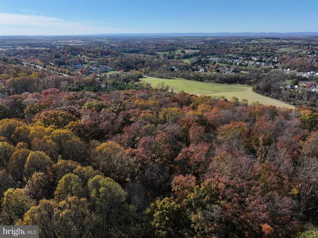 an aerial view of residential houses with city and green space