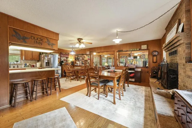 a view of a dining room with furniture