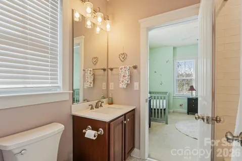 a bathroom with a double vanity sink toilet and a mirror