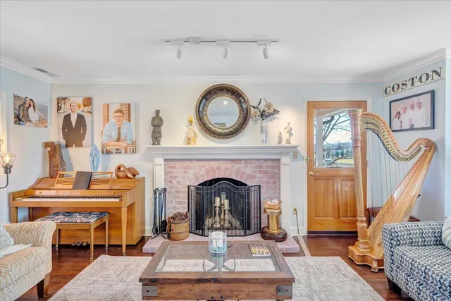 a view of a porch with wooden floor