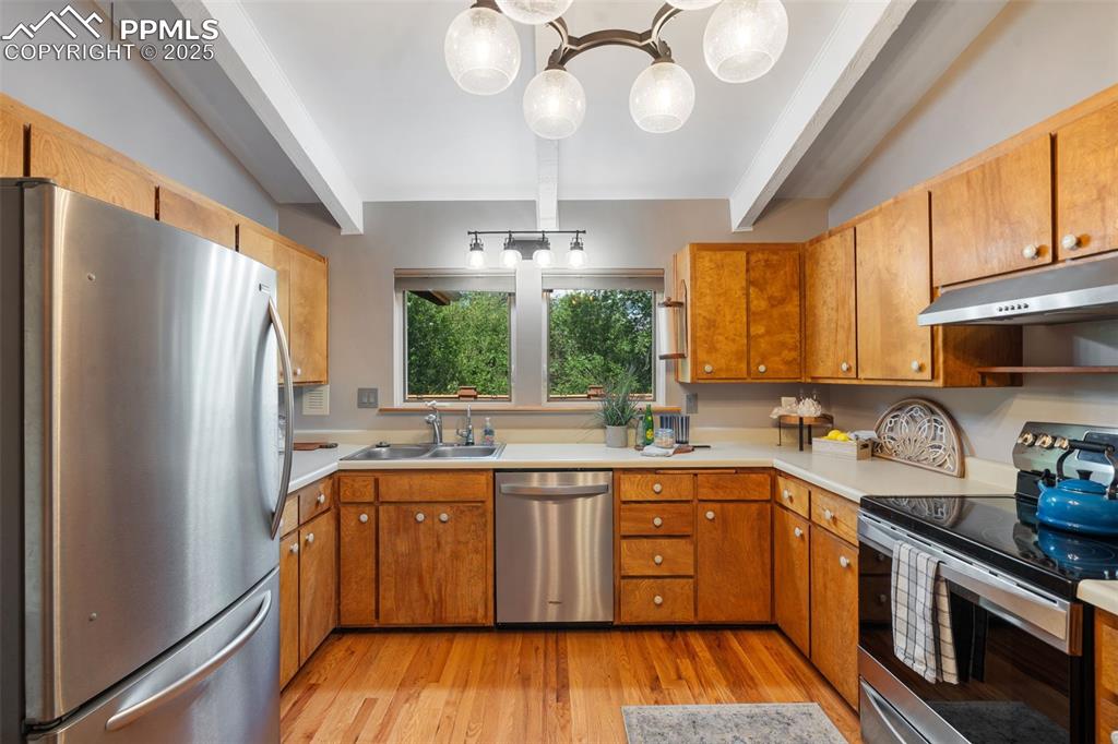 10 Haney Road Colorado Springs, CO 80906 - Photo 22 of 48 a kitchen with stainless steel appliances granite countertop a sink cabinets and wooden floor