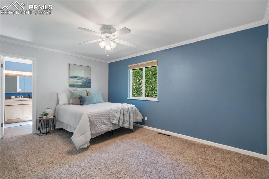 10 Haney Road Colorado Springs, CO 80906 - Photo 25 of 48 a spacious bedroom with a bed and a chandelier