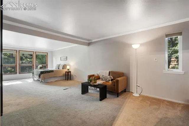 a bedroom with furniture and a large window