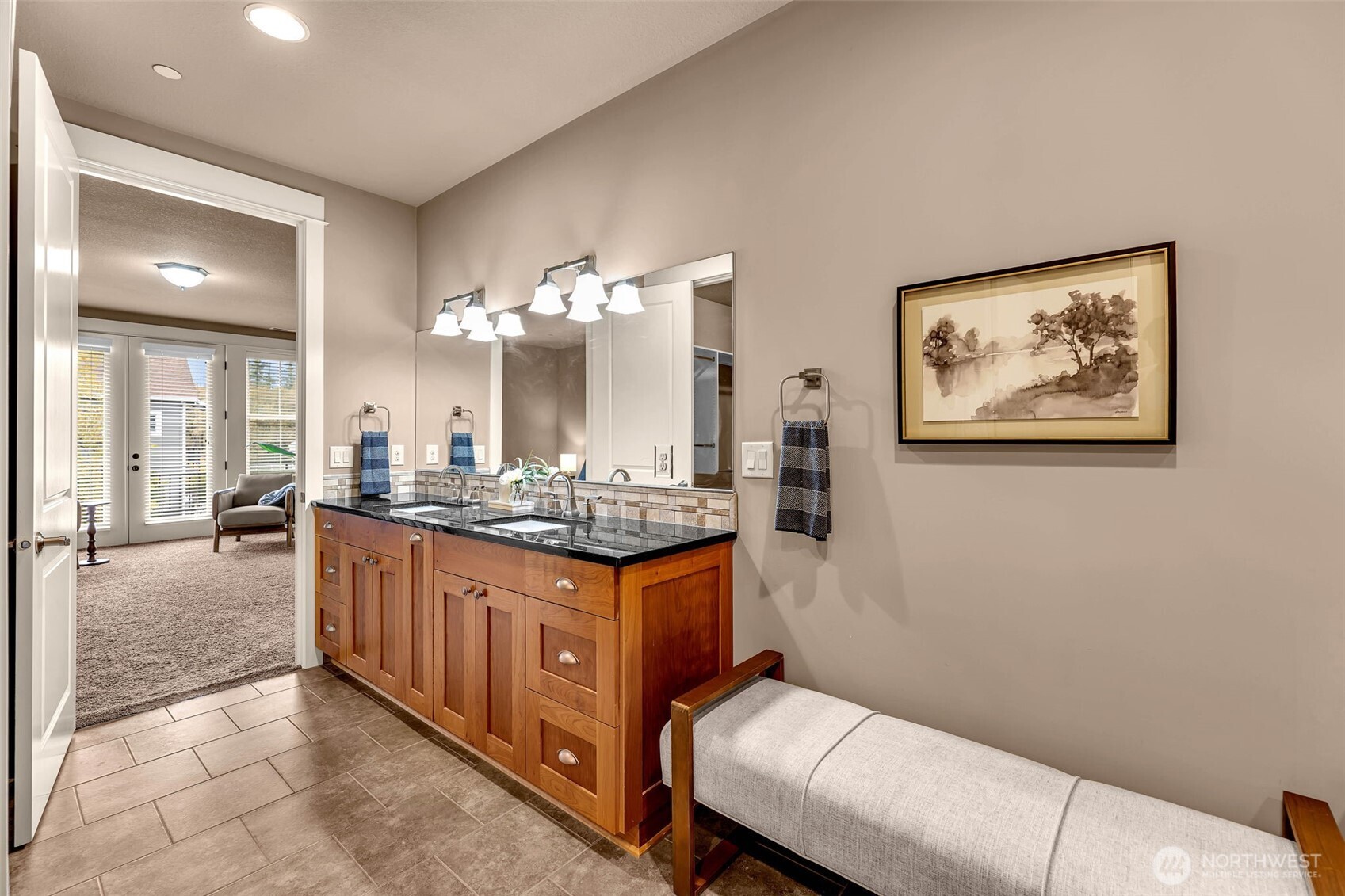 4029 Northwest 77th Avenue Camas, WA 98607 - Photo 20 of 32 a bathroom with a granite countertop sink a toilet and a mirror