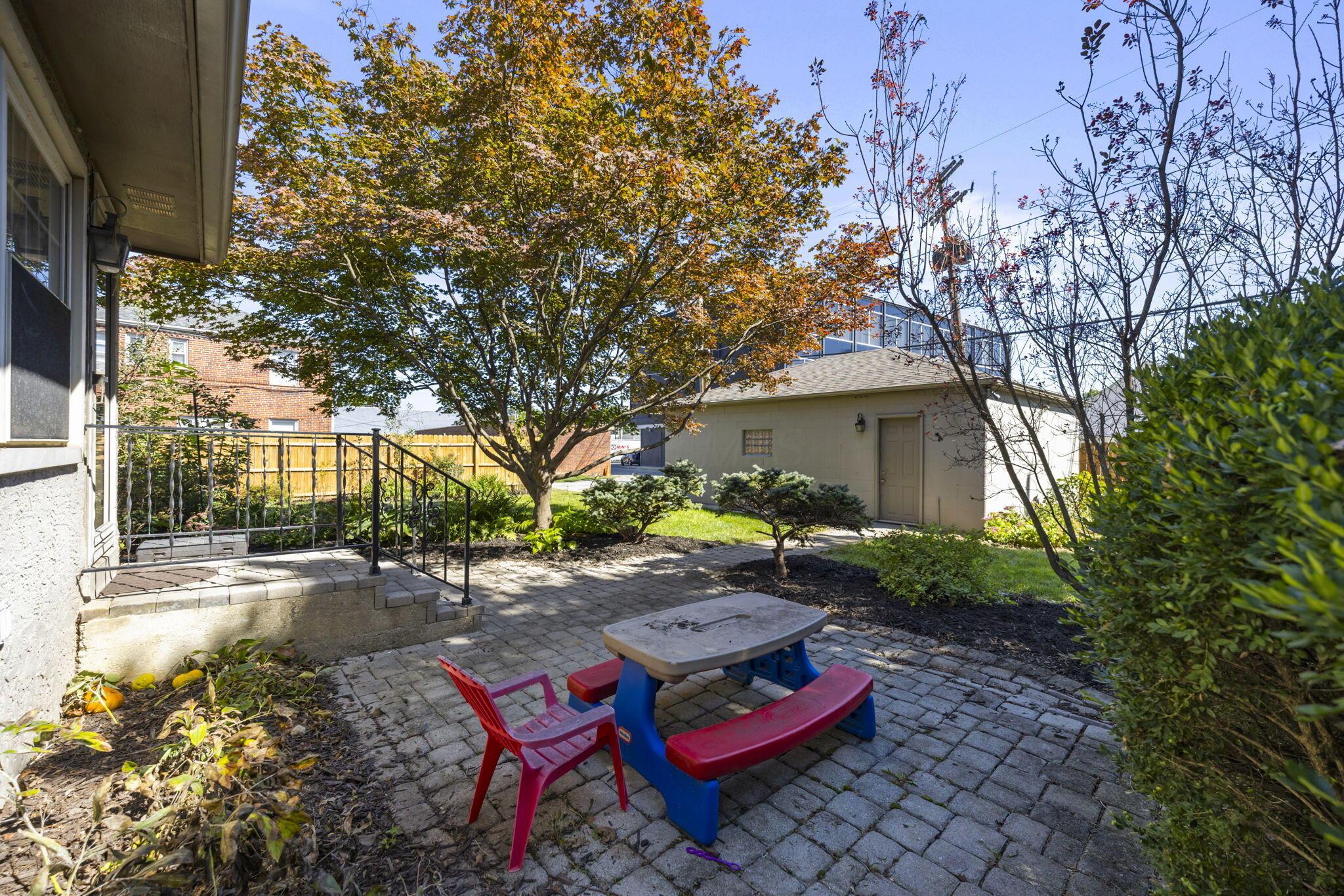 40 South Kellner Road Columbus, OH 43209 - Photo 49 of 57 Paved patio area, mature tree, established shrubbery, stone steps, metal handrails