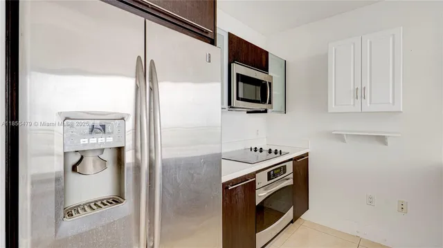 a kitchen with stainless steel appliances a refrigerator and a microwave