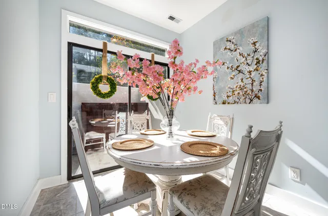 a view of a dining room with furniture and rug