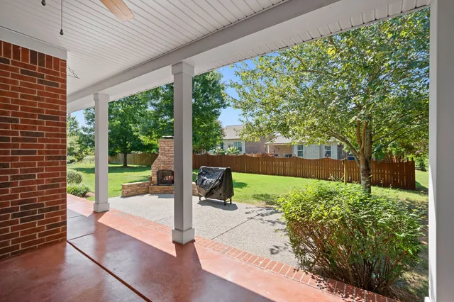 a garden view with a seating space