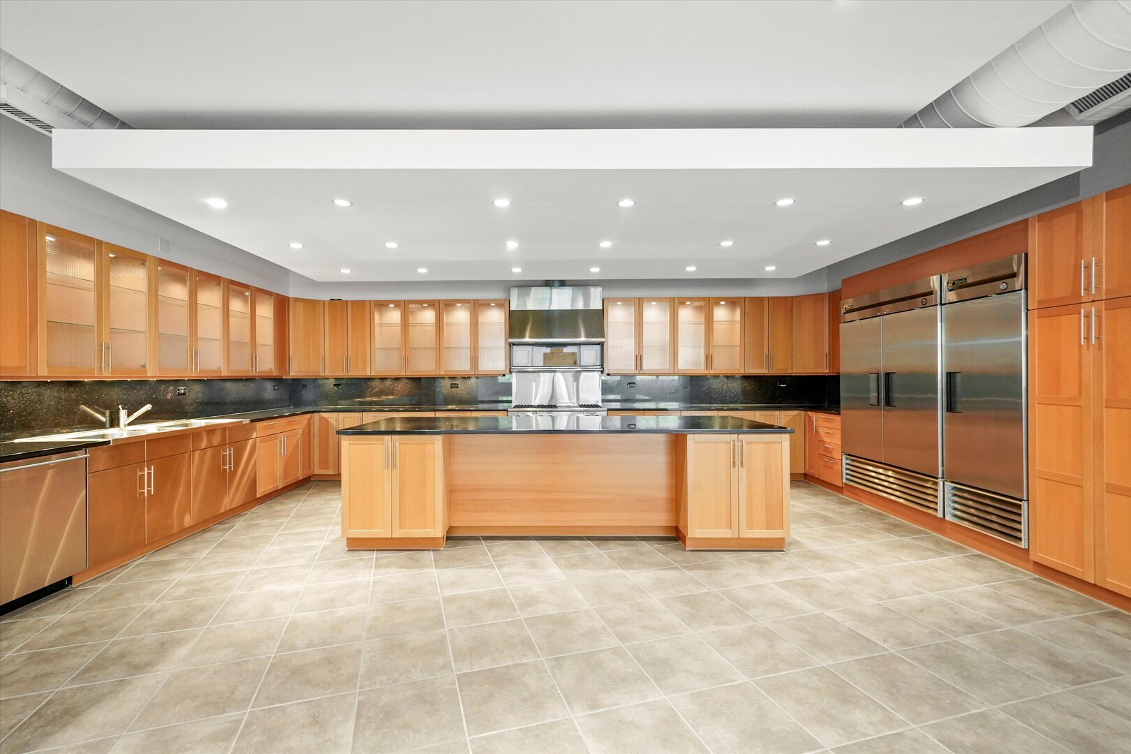 1301 South Wabash Avenue, Unit 1 Chicago, IL 60605 - Photo 6 of 29 a large kitchen with stainless steel appliances kitchen island granite countertop a large counter top and a view of living room