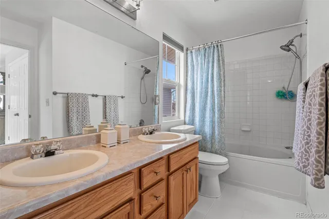 a bathroom with a double vanity sink toilet mirror and shower