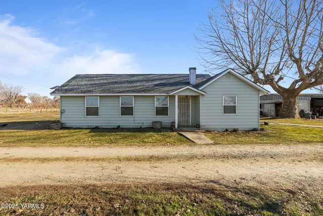 a view of a yard in front of a house with a large tree