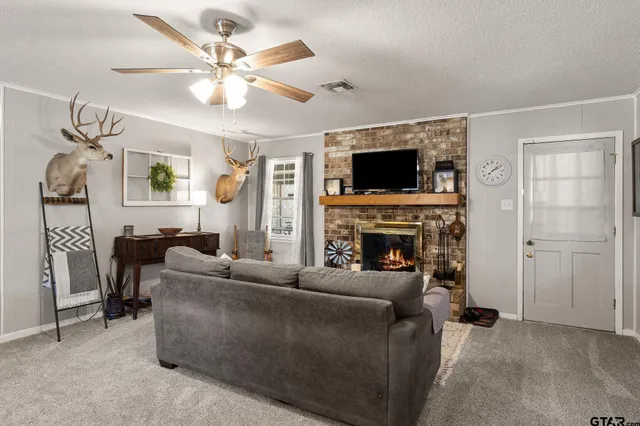a living room with furniture a flat screen tv and a fireplace