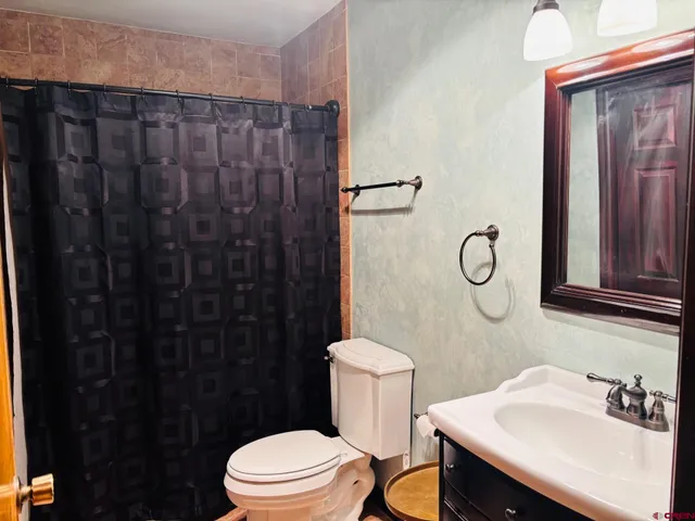 a bathroom with a sink a toilet a shower and a mirror