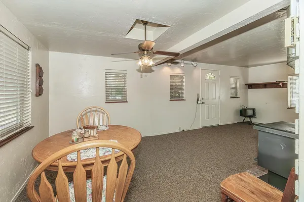 a view of a room that has a window in it