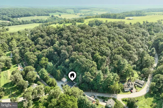 an aerial view of a residential houses with outdoor space and trees