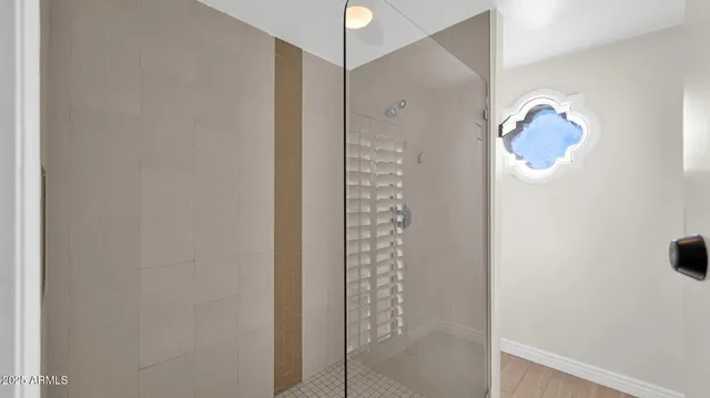a bathroom with a shower and a mirror