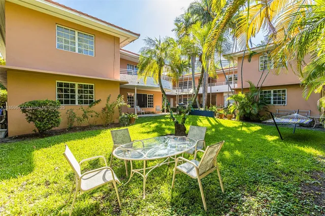 a backyard of a house with plants and large trees