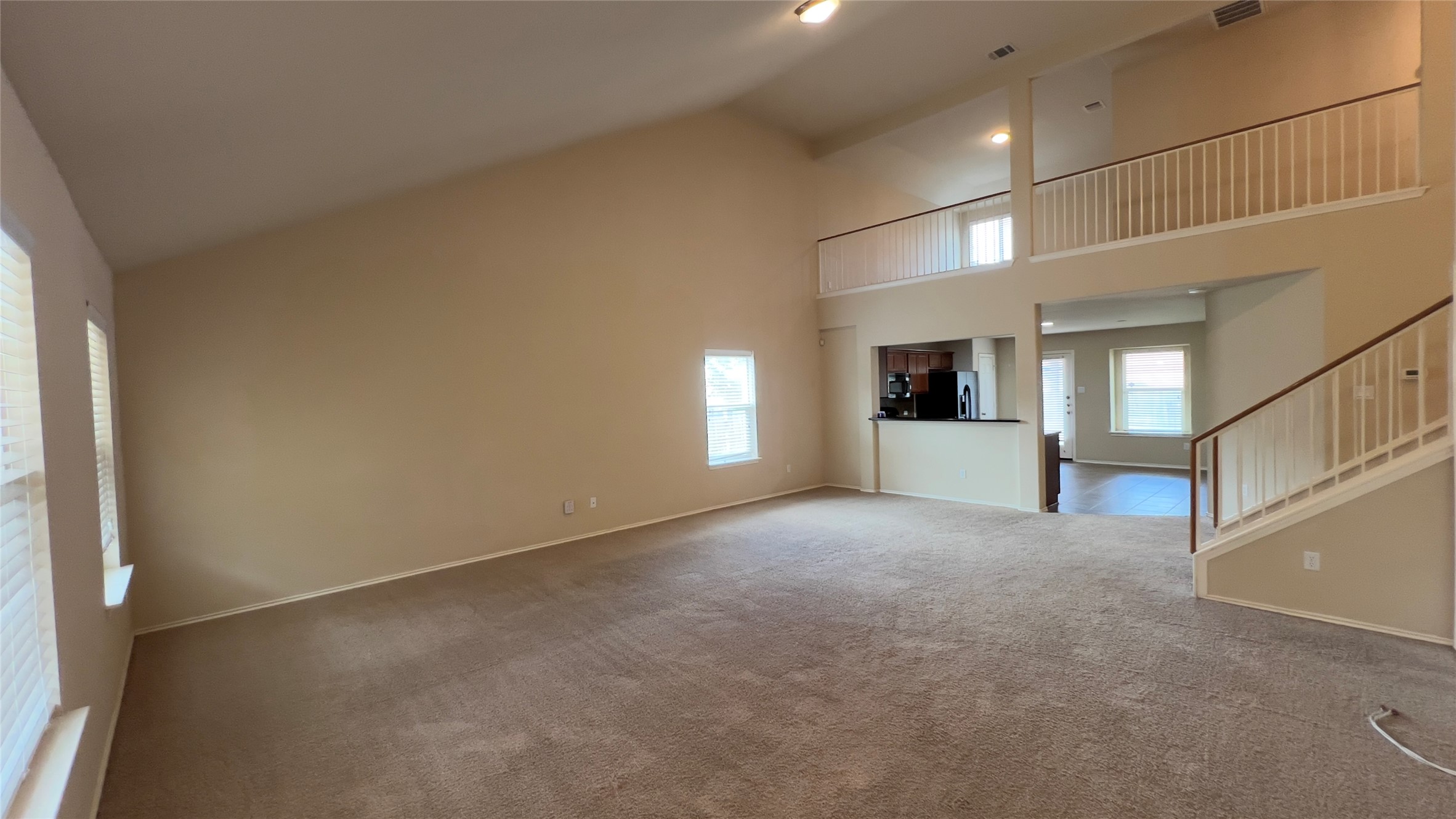357 Nottingham Loop Kyle, TX 78640 - Photo 3 of 22 A spacious carpeted living area features vaulted ceilings and an upper-level overlook.