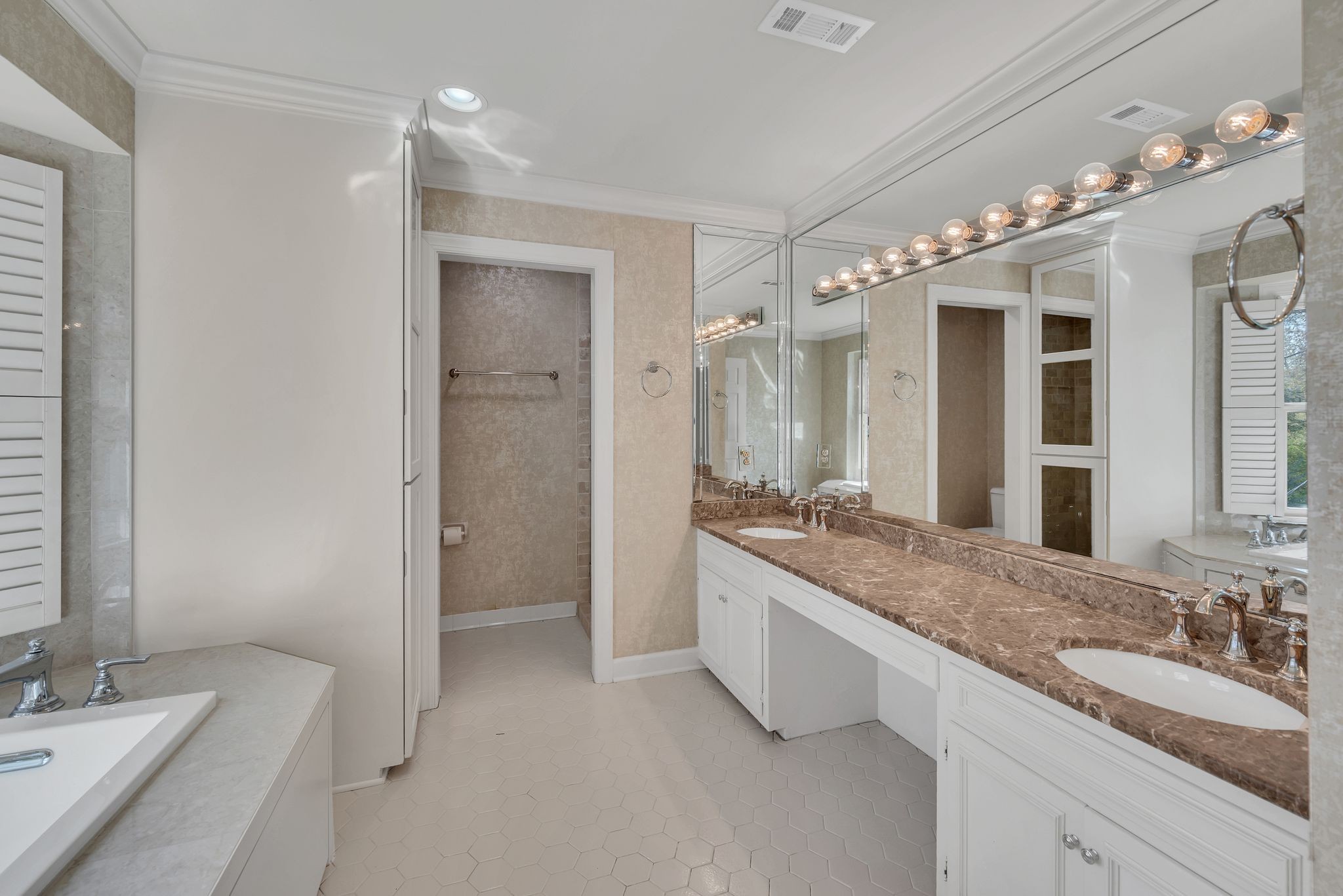 620 Estes Road Nashville, TN 37215 - Photo 35 of 40 a bathroom with a granite countertop double vanity sink mirror and shower