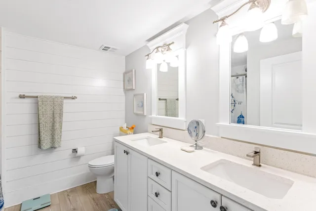 a bathroom with a double vanity sink mirror and toilet
