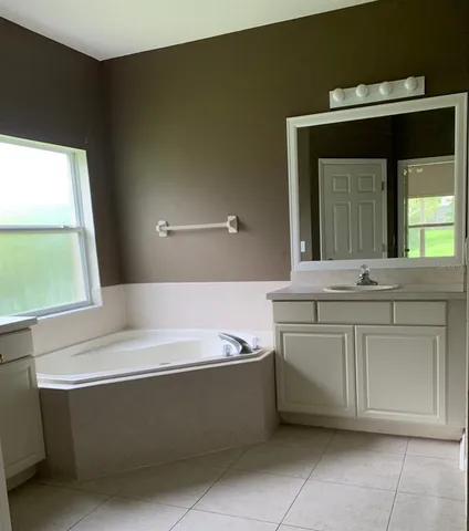 a bathroom with a bathtub sink and mirror