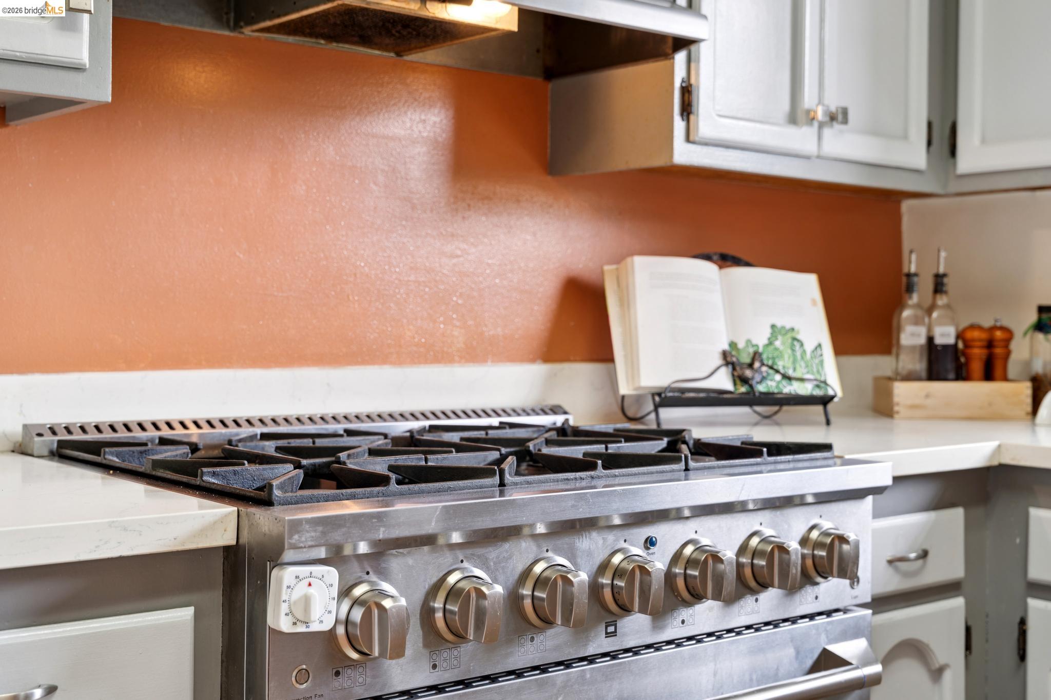 892 Laurel Street Alameda, CA 94501 - Photo 21 of 45 Stainless steel range with multiple burners, featuring a griddle, set into light-toned countertops