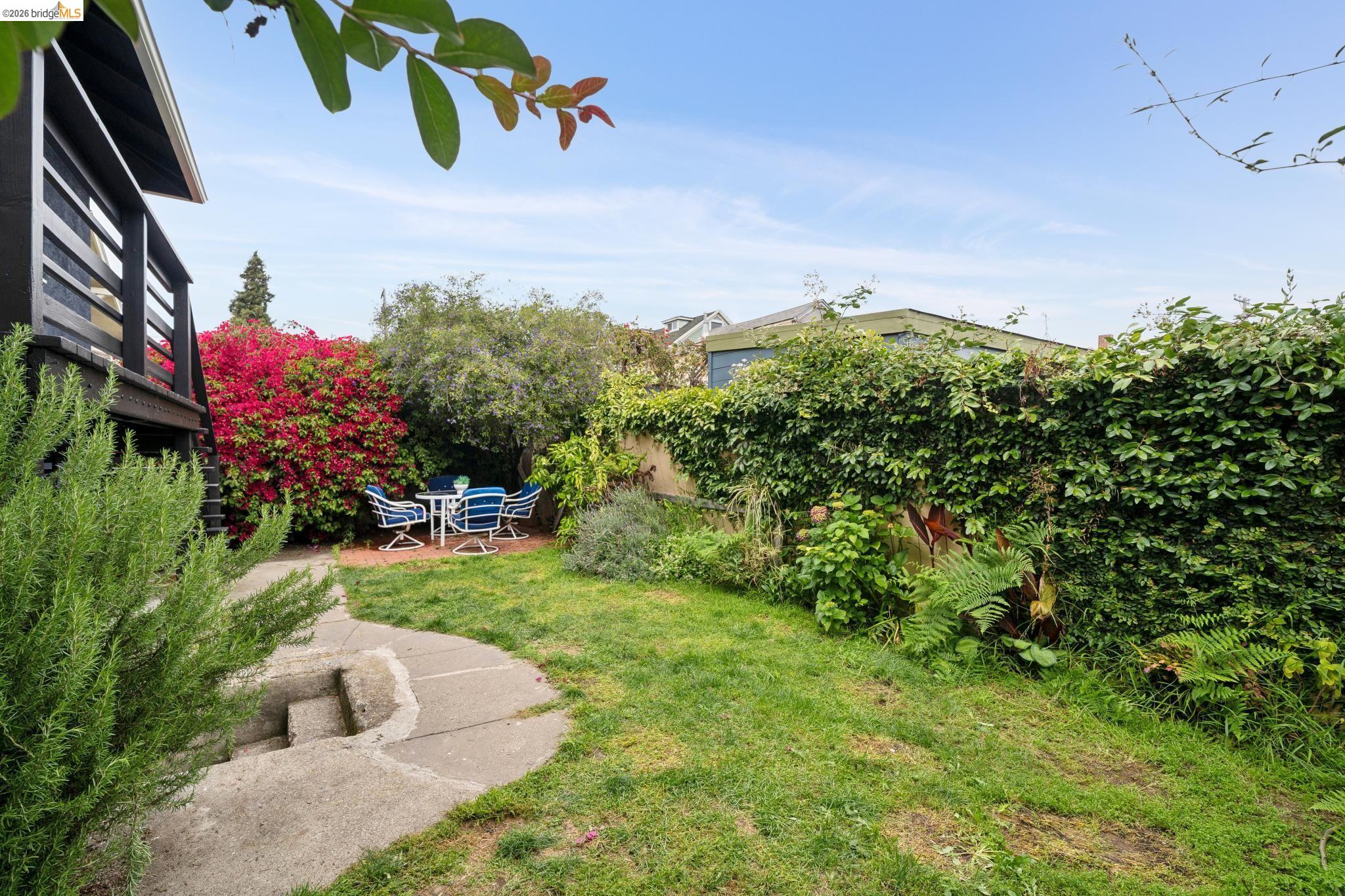 892 Laurel Street Alameda, CA 94501 - Photo 40 of 45 Expansive backyard featuring a green lawn, mature perimeter shrubbery, and a concrete pathway leading to a patio area